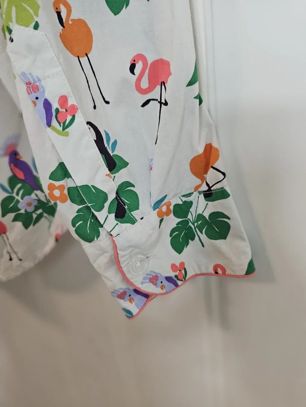The Company Store Pajama Top S Cotton Poplin Tropical Flamingo Birds Print White